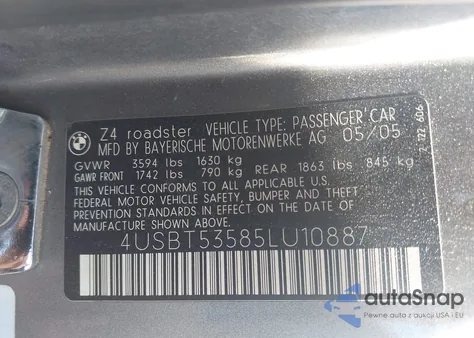 2005 BMW Z4 3.0I из США, поврежденный, VIN 4USBT53585LU10887